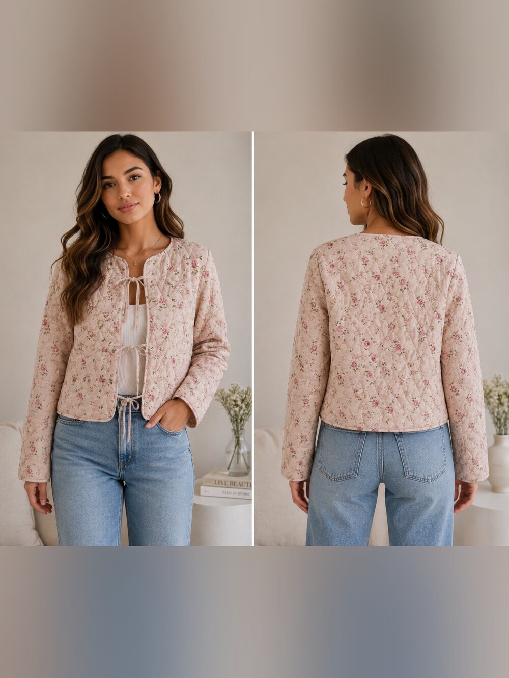 Avec Les Filles Quilted Cotton Floral Tie-Front Cropped Jacket Sz M